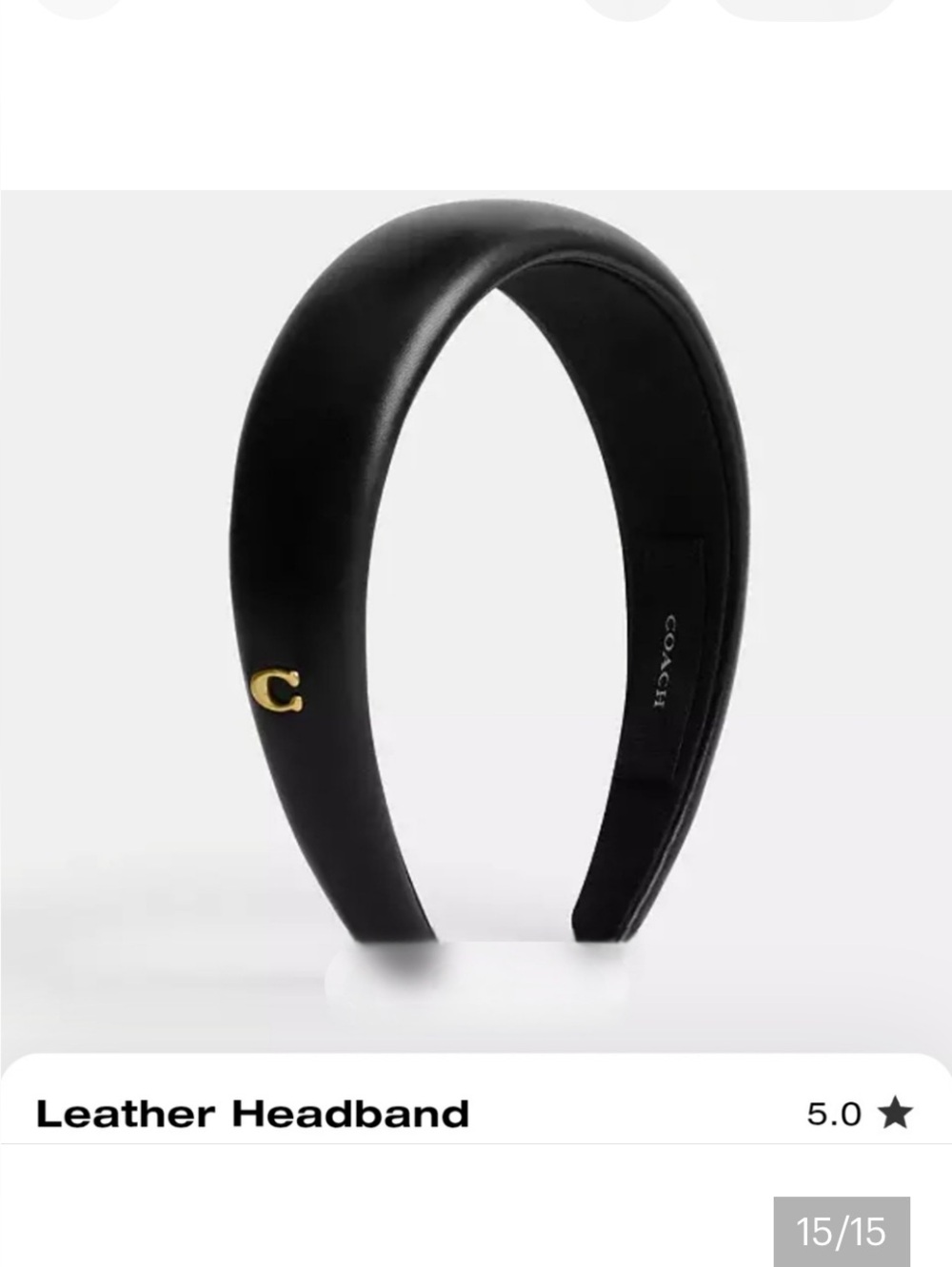 NIB Coach Black Leather Headband with Gold 'C' Accent
